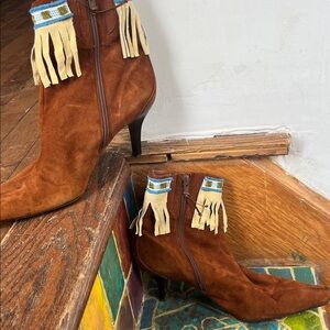 Donald J. Pliner Brown Fringe Heeled Boots with unique design handmade